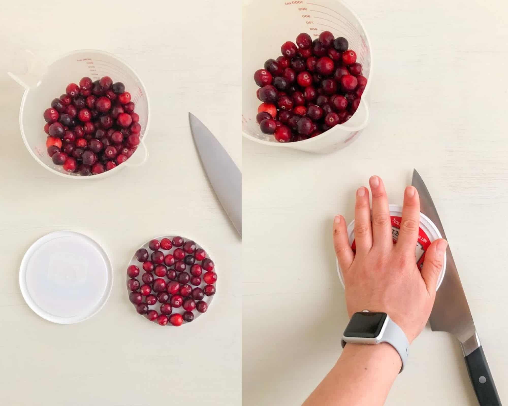 Two images showing how to slice cranberries in half using two plastic lids that are the same size and slicing in between the lids with a sharp knife.