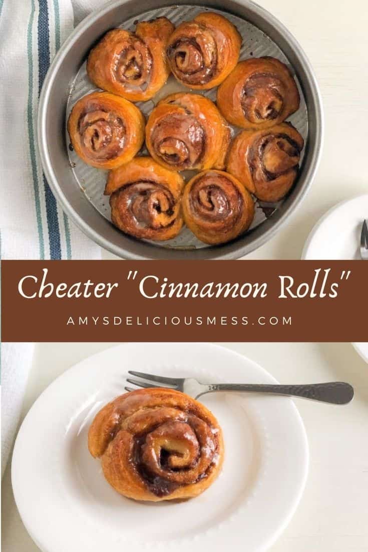 pictures of cinnamon rolls for pin,full pan of cinnamon rolls next to white kitchen towel with light and dark blue stripes and whole cinnamon roll on small round white plate with cocktail fork.