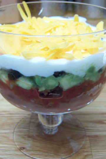 7 layer dip in mini clear glass trifle bowl