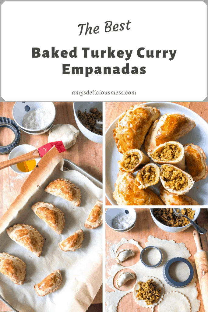 best baked turkey empanadas cut on round white plate, baked empanadas on parchment lined sheet tray, pastry dough, turkey curry filling, red pastry brush, wooden rolling pin, mini tart pan, egg wash