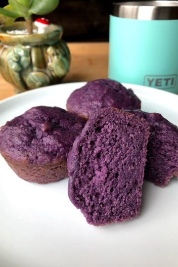 Purple sweet potato muffins on white plate
