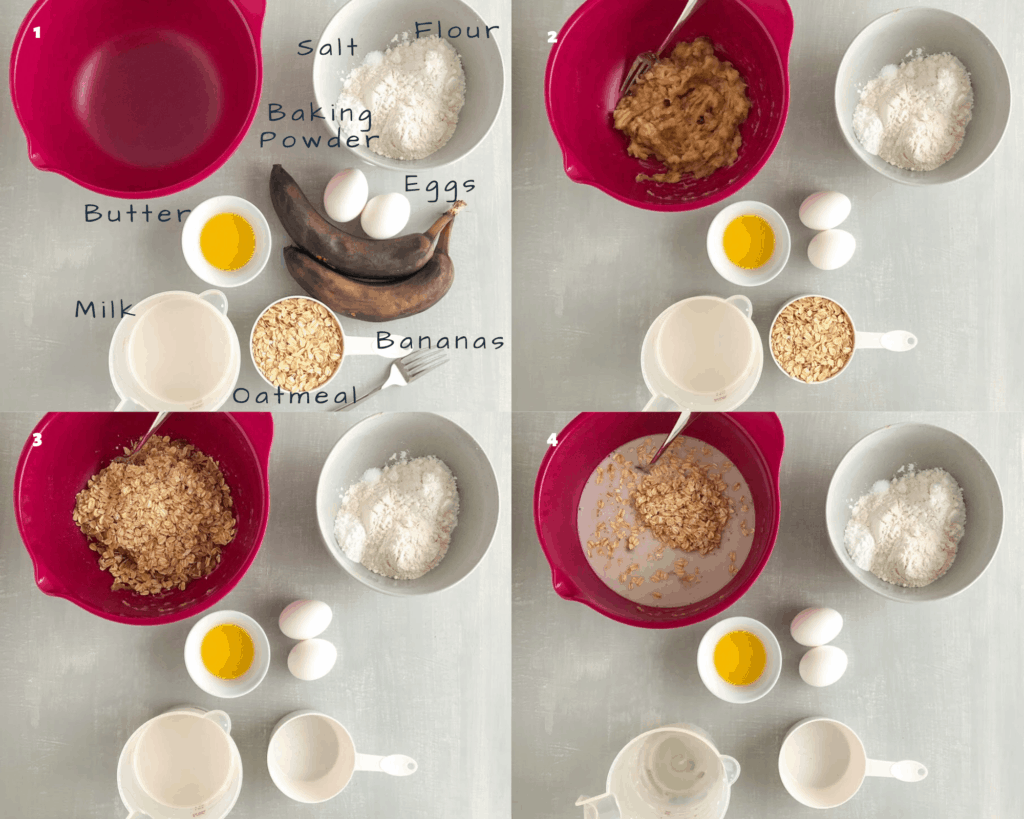 Process shots for simple banana oatmeal waffles
