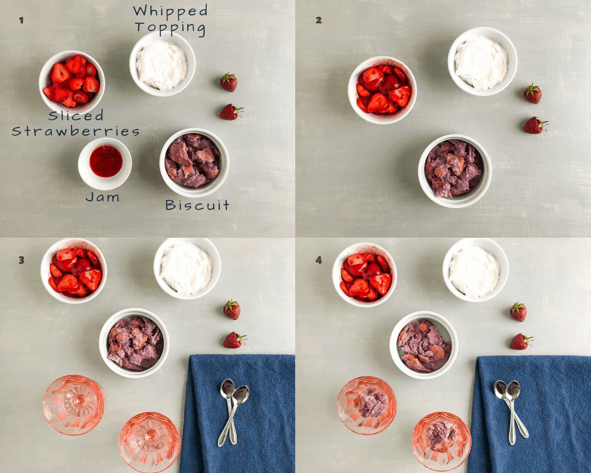 Process shots for mini strawberry shortcake trifles