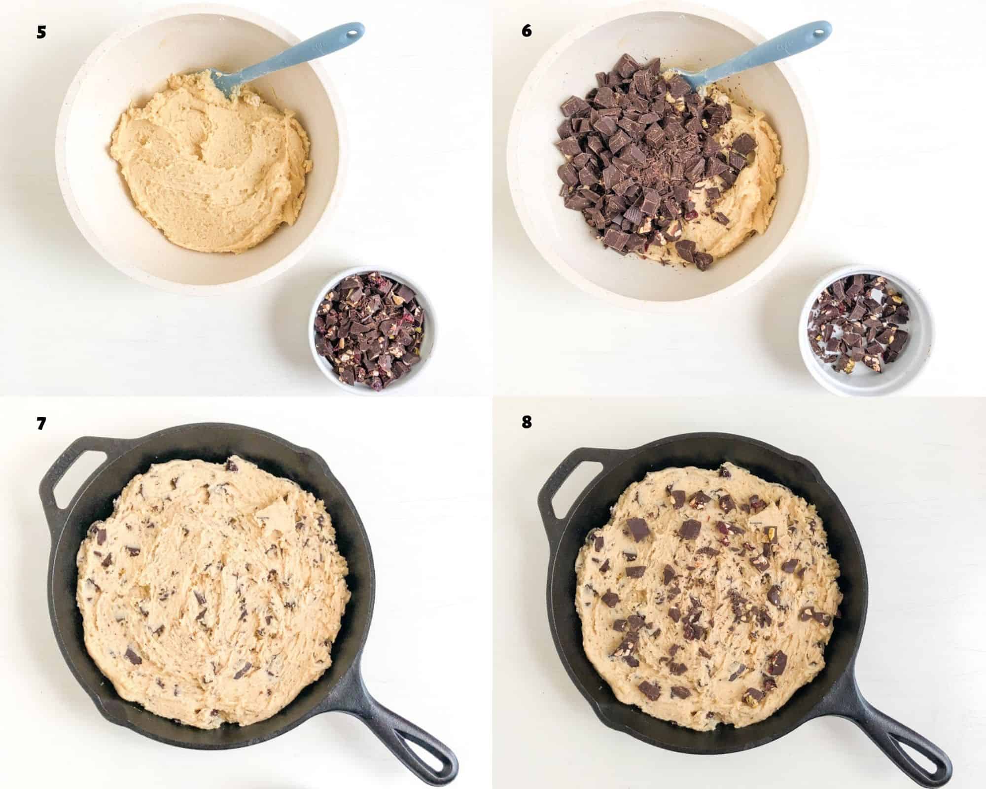 Skillet cookie process shots of how to make cookie dough and add to cast iron pan.
