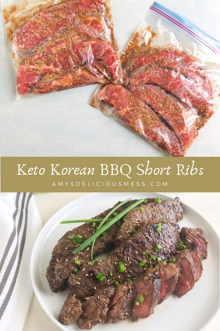pictures of short ribs for pinterest, top picture is beef marinating in bags, bottom picture is beef whole and sliced on round while plate next to white kitchen towel with gray stripes.