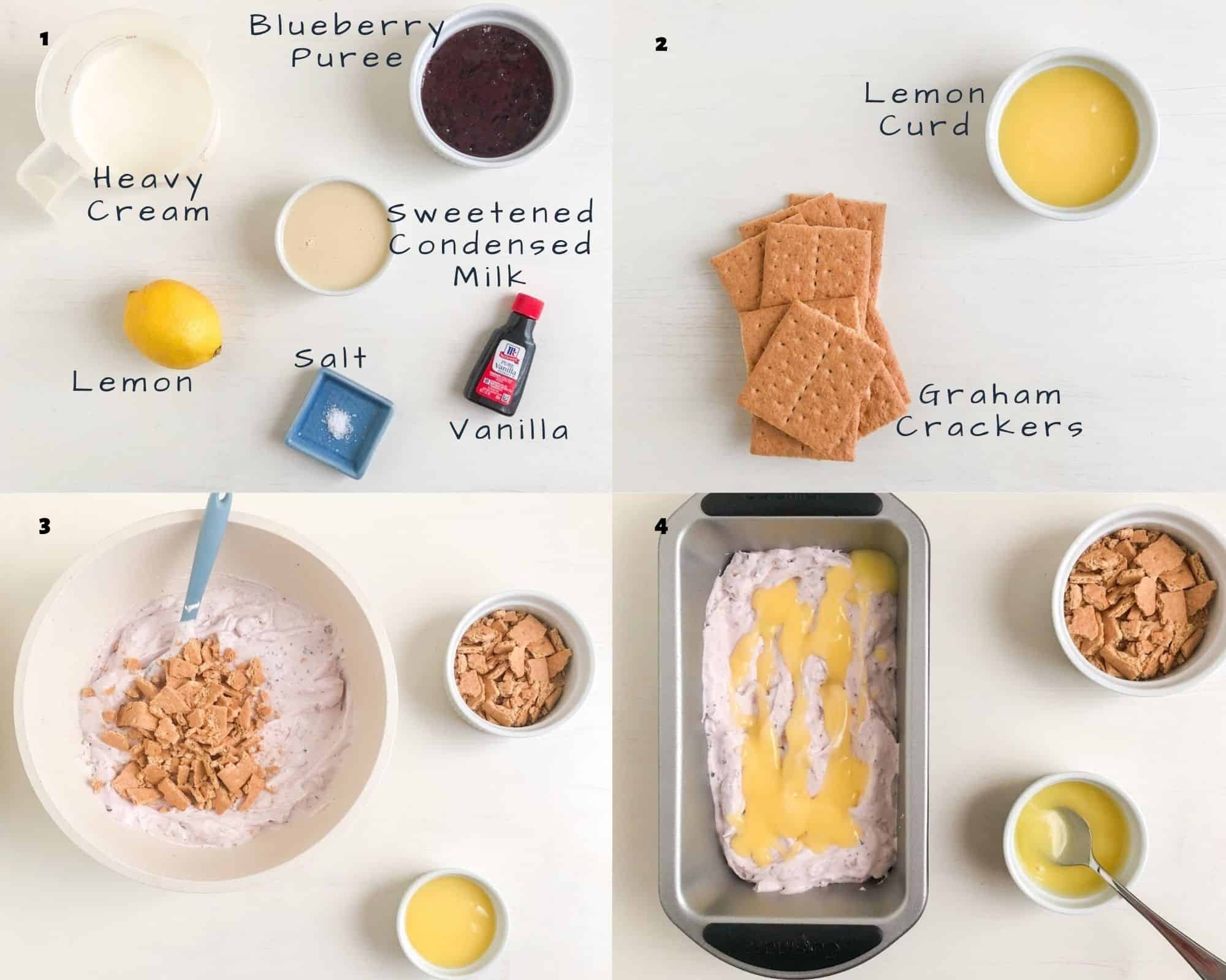Ingredient and process shots for making lemon blueberry pie no churn ice cream