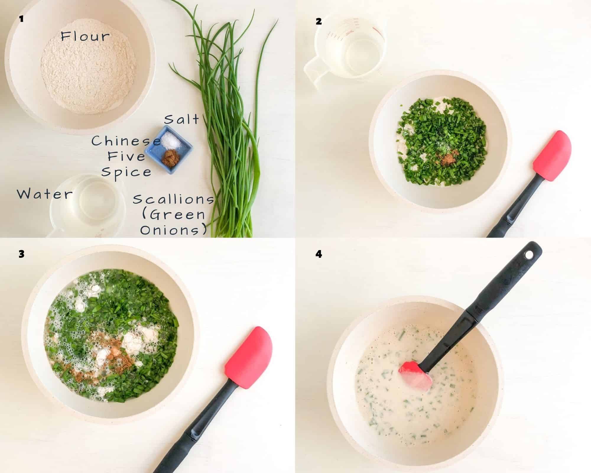 Ingredient and process shots for scallion pancakes.