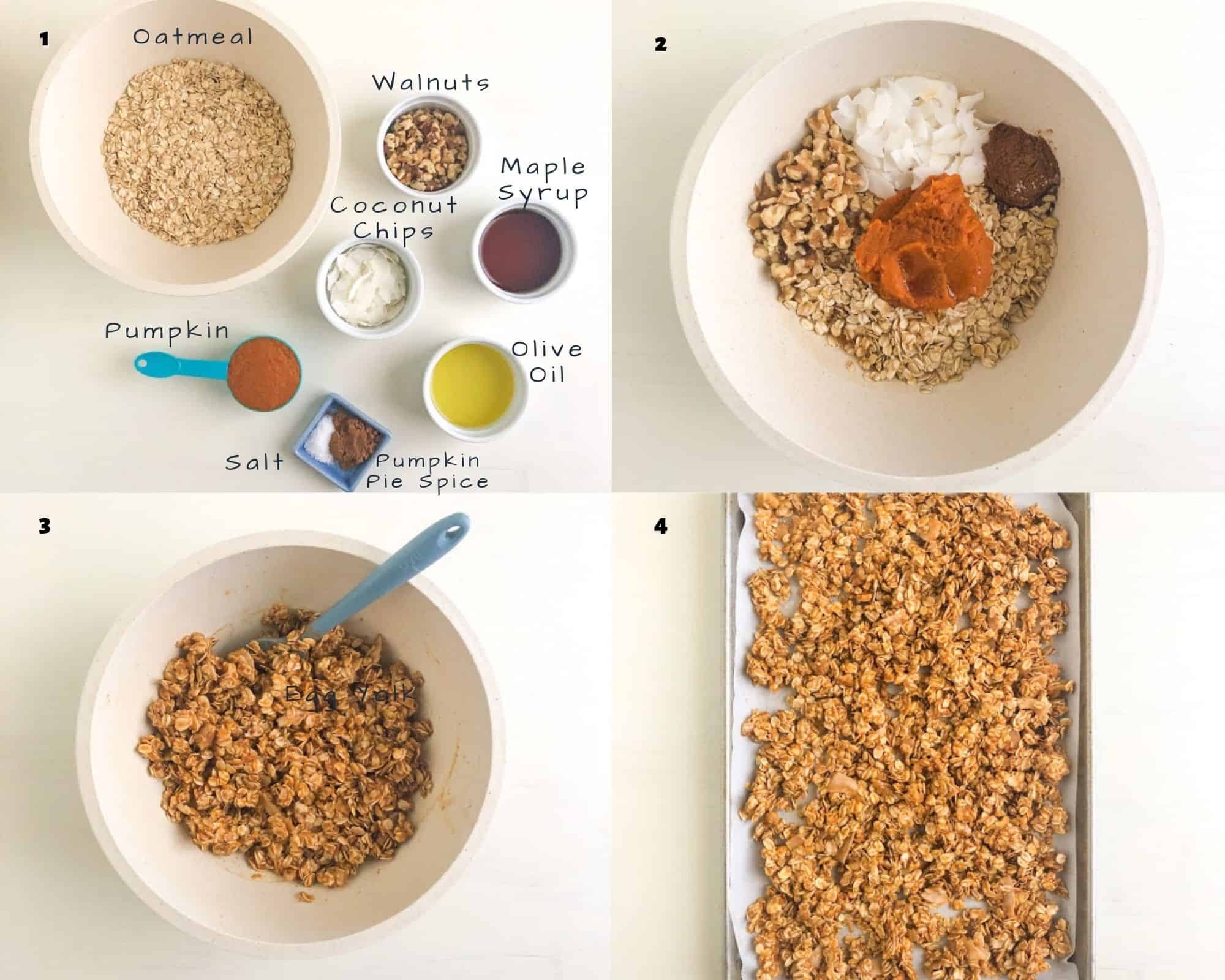 Labeled ingredients for granola and process shots on how to make it.