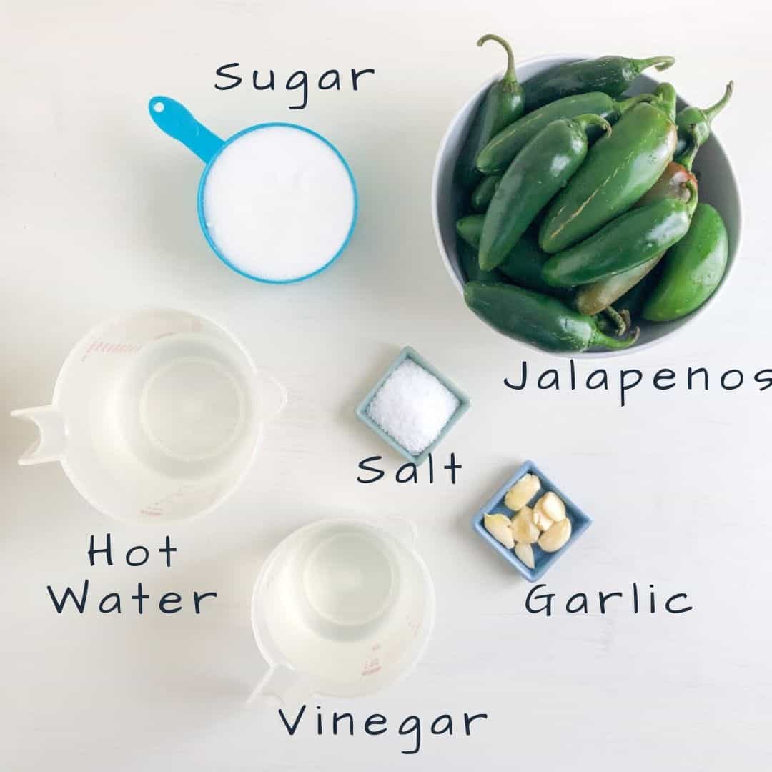 Ingredients labeled for pickled jalapeno recipe.