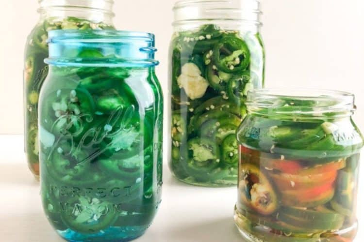 Sliced jalapenos and smashed garlic in mason jars, two clear quart, one blue pint jar, and one clear small jar. Pickling liquid in jars.