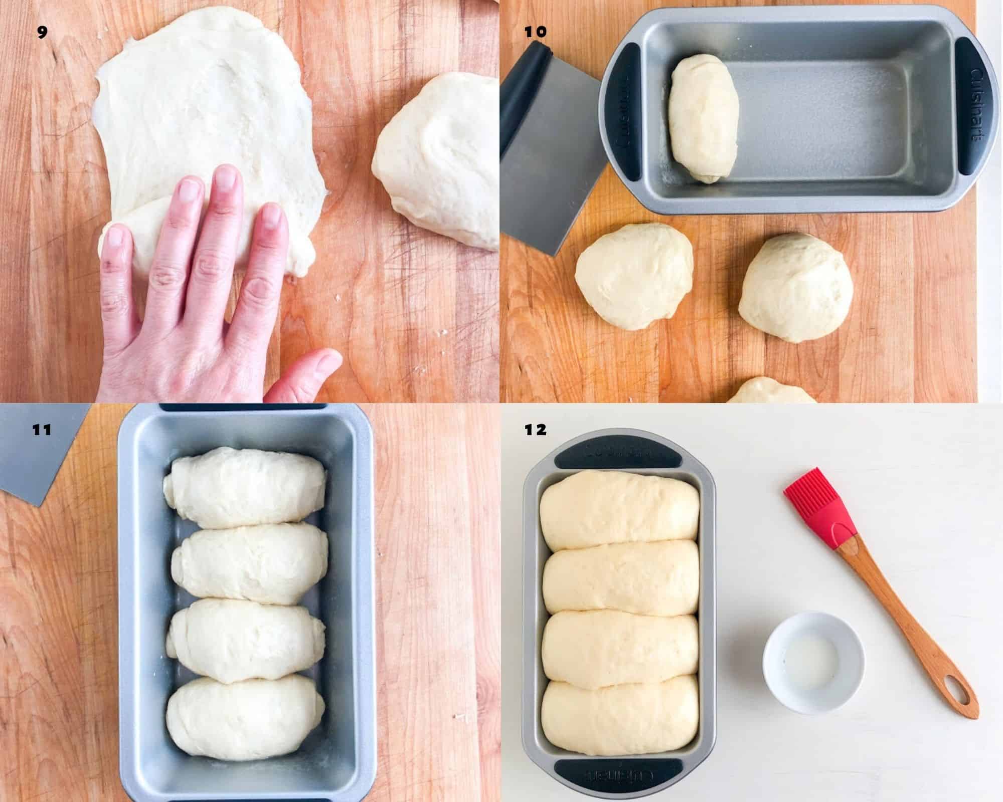 Process shots for rolling out the bread dough and brushing proofed dough before baking.