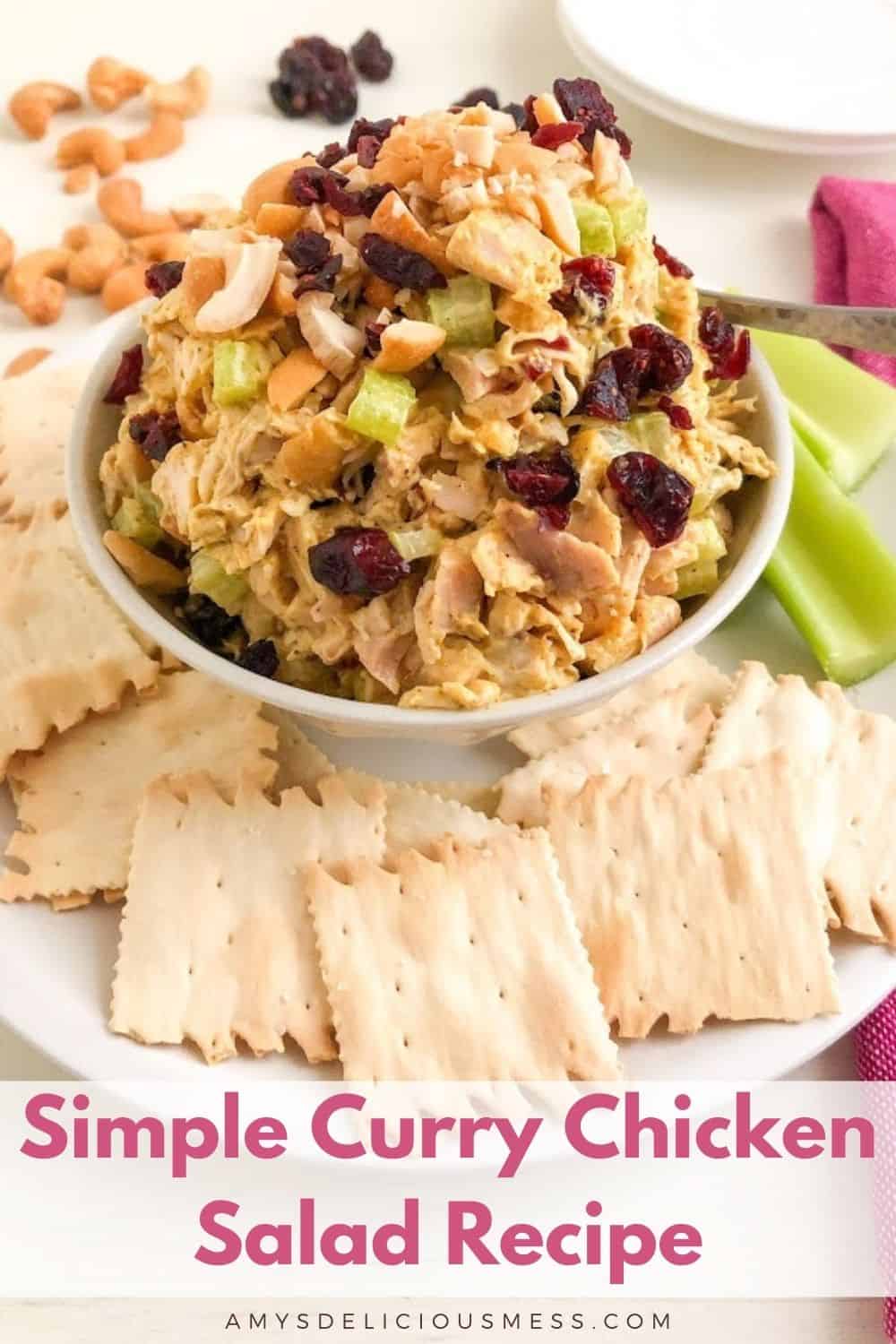 Medium white round plate with plain crackers and celery sticks with small bowl of chicken salad in the middle. Extra cranberries and cashews on top of the chicken salad with a small silver cocktail spoon. Additional whole cashews and dried cranberries in the background with small round white plates and pink kitchen towel.