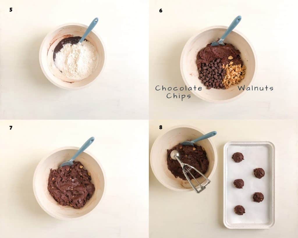 Process shots for mixing brownie cookie dough together and scooping onto a cookie sheet.