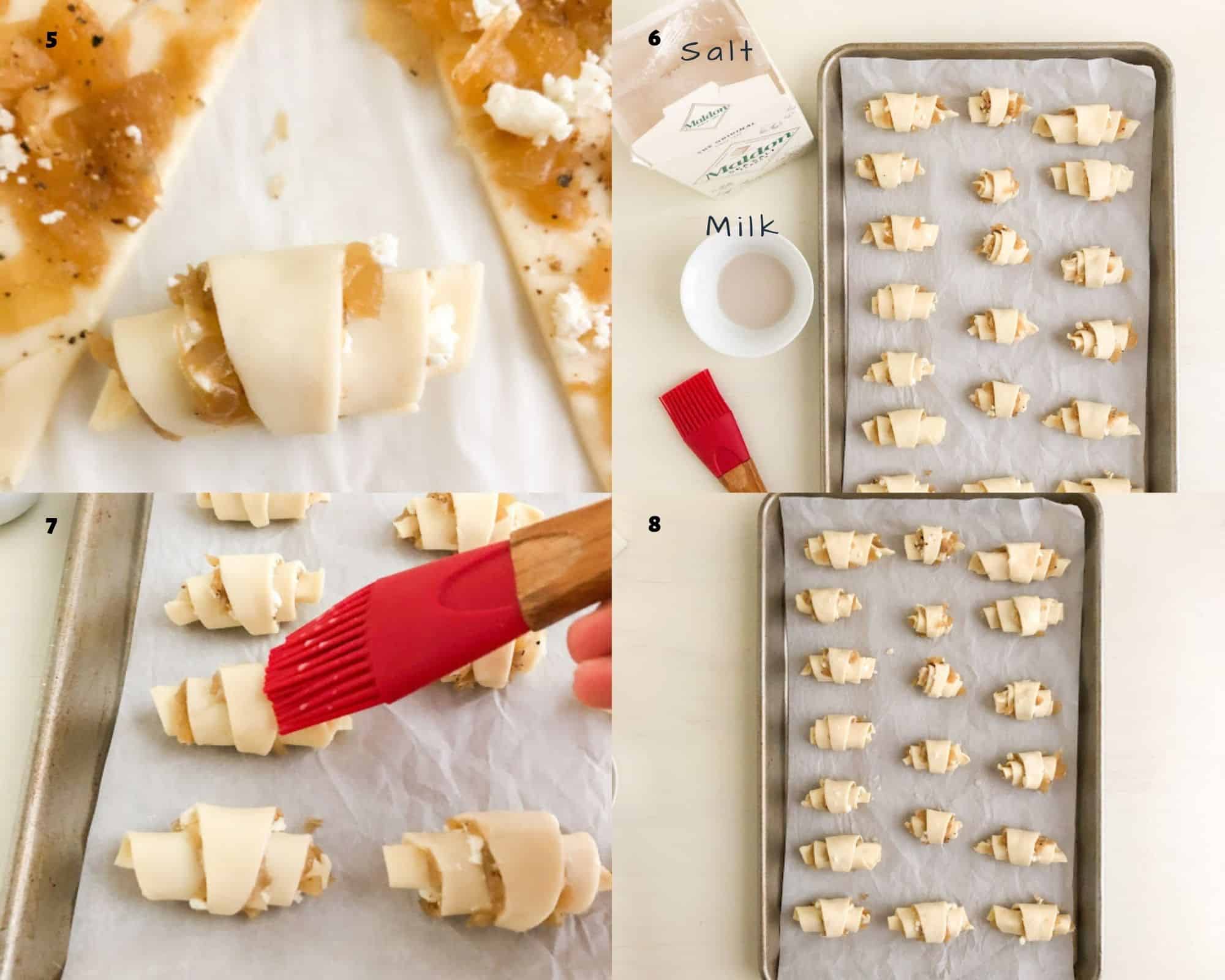 Process shots for rolling and brushing rugelach with milk on baking sheet.